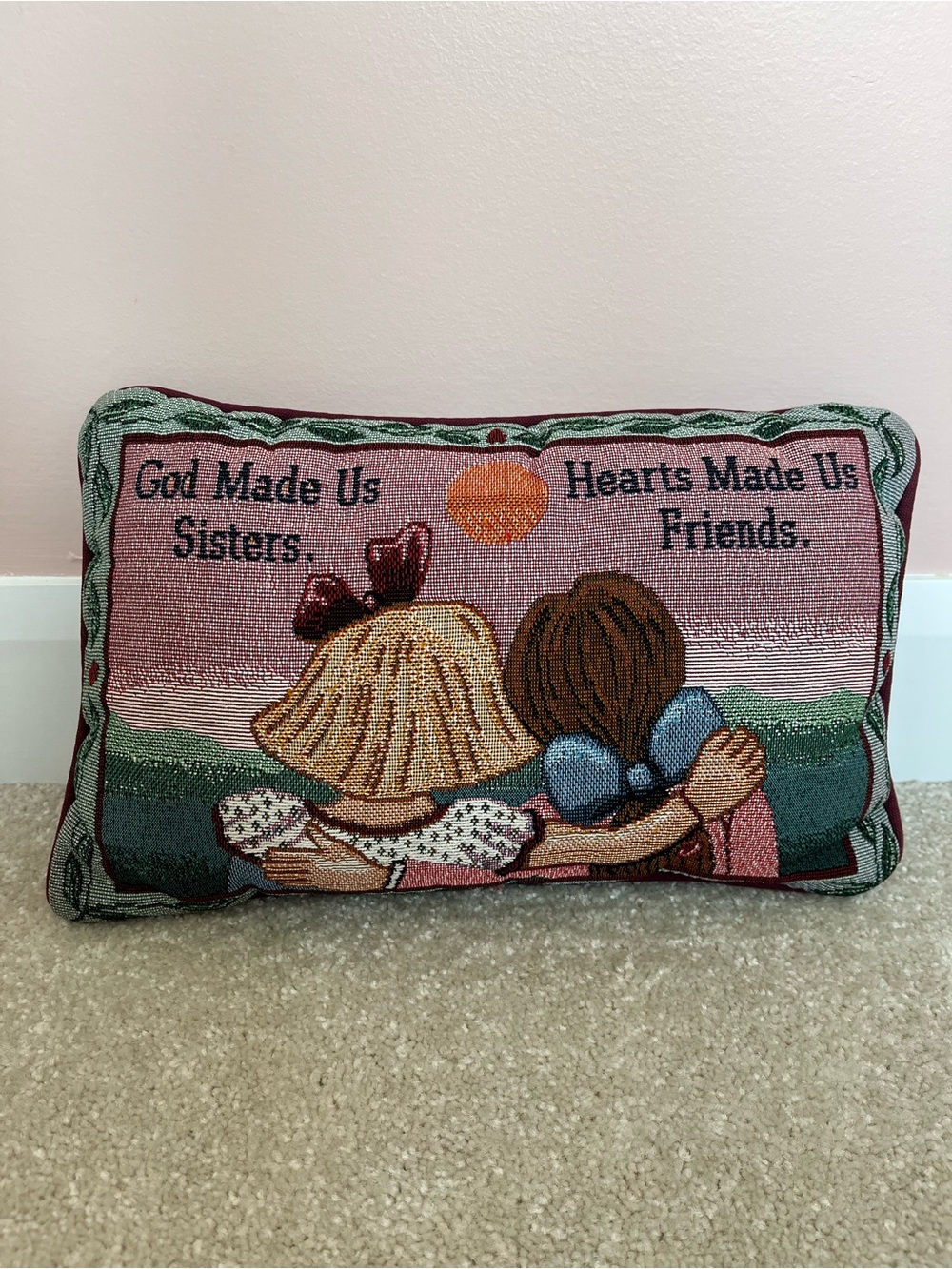 Small Sisters Embroidered Tapestry Accent Pillow